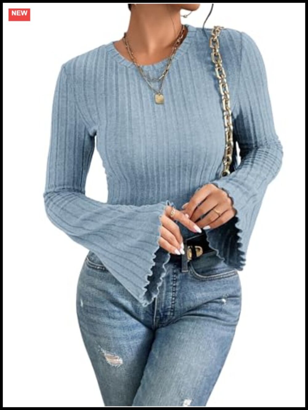 Women's Ribbed Knit Bell Sleeve Pullover Sweater Lightweight